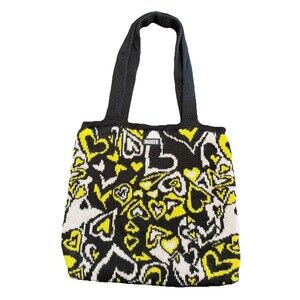 Y2K Ragged Jeans Knit Tote Bag Heart Print Black Yellow Shoulder Bag